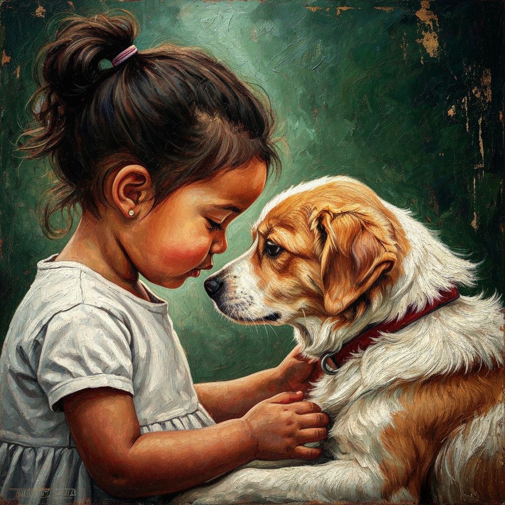 Girl and Dog Embrace in 3D Impasto Painting