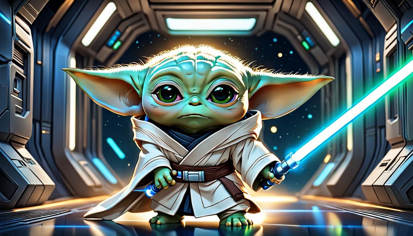 Anime Chibi Yoda with Lightsaber in Spaceship