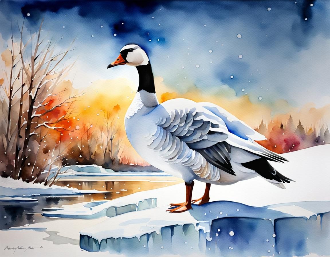 Ice Goose Watercolor Painting with Winter Colors