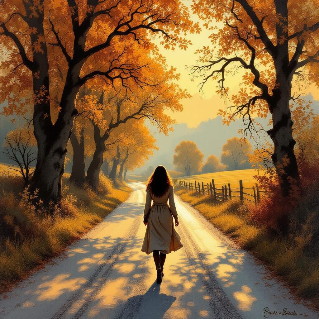 Nostalgic Woman on Vintage Road as Impressionist Painting