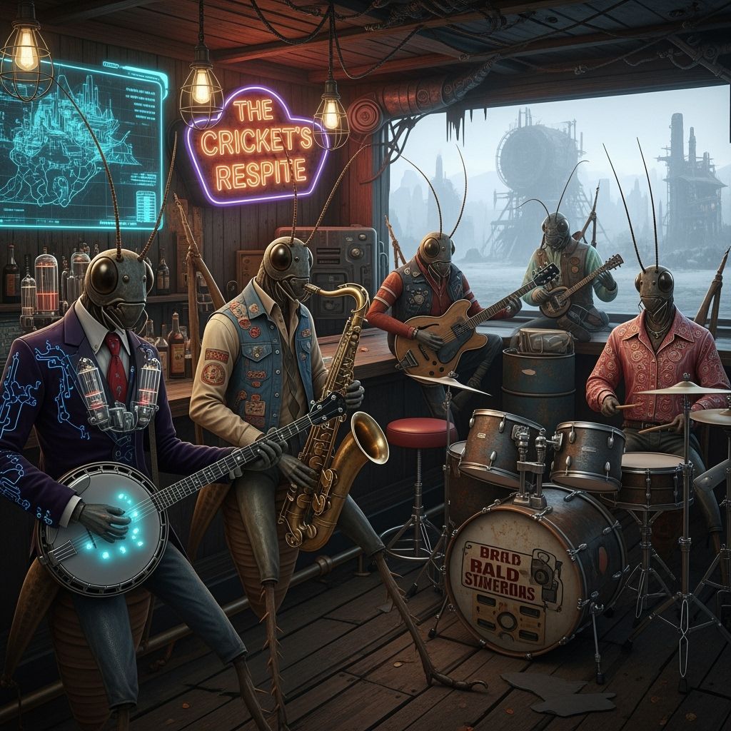 Cricket Musicians in Retro-Futuristic Bar Scene