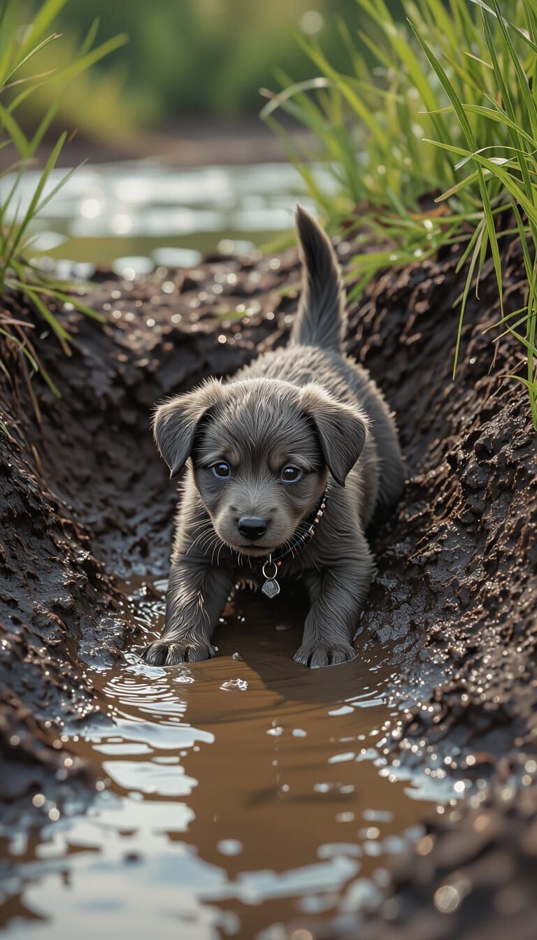 Muddy Puppy Struggles to Escape Riverbank Pit