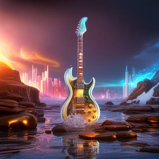 Glass Guitar with Rainbow Reflections, Detailed Matte Painti...