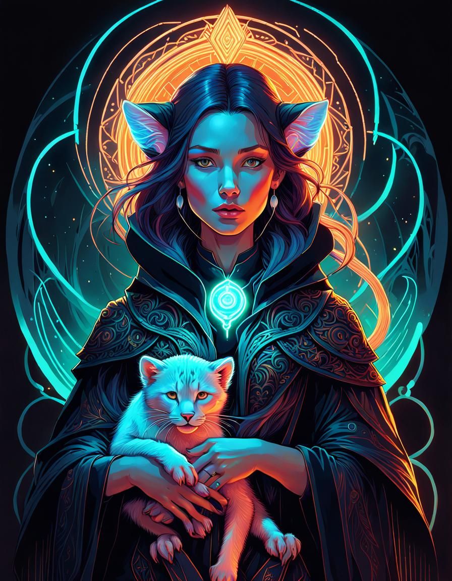 Neon Witch Portrait with Panther Cub