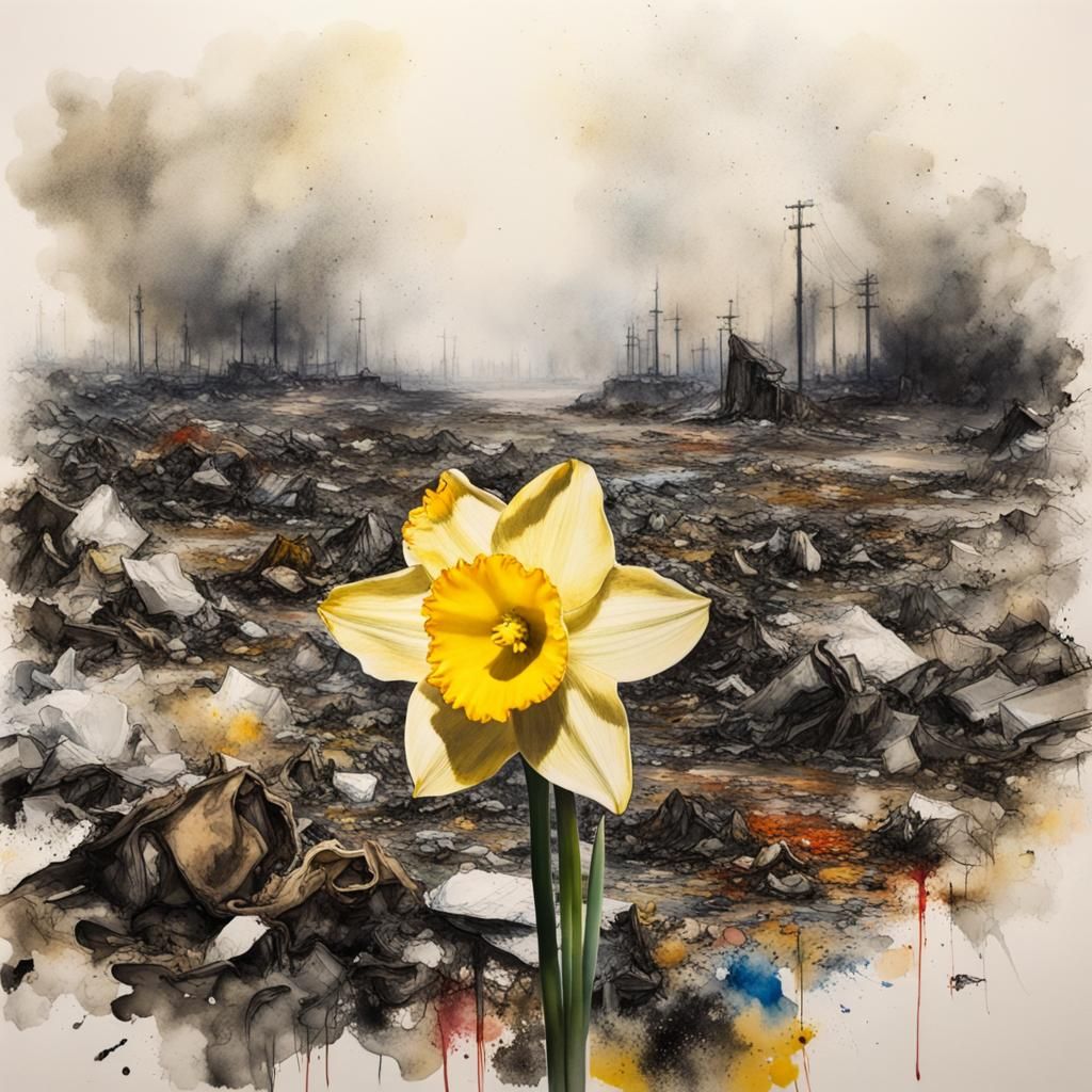 Daffodil in Landfill: Splatter Ink Art