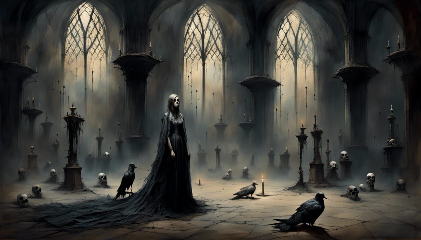Ominous Gothic Cathedral with Crows and Skulls