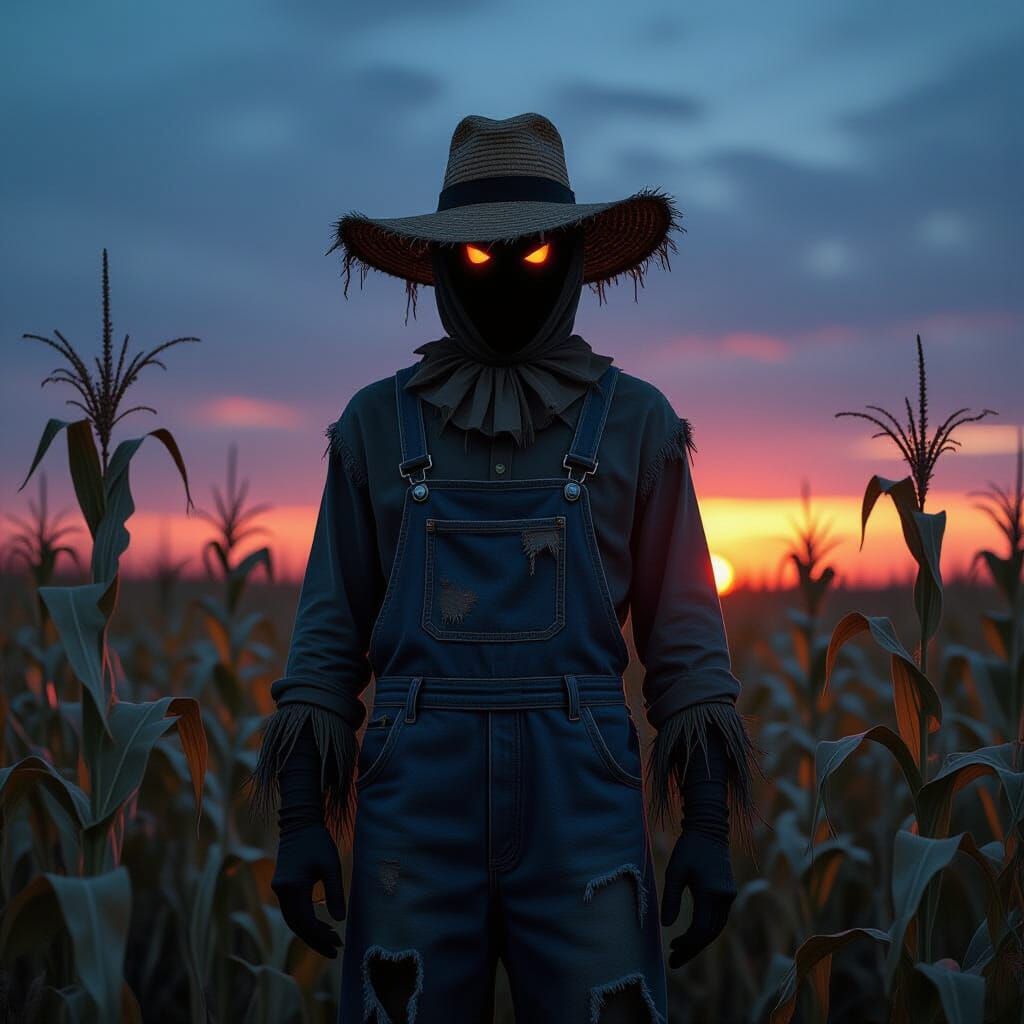 Eerie Scarecrow in Desolate Dusk Cornfield