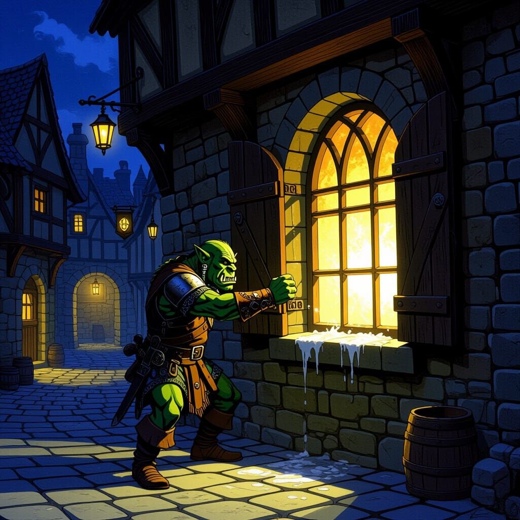 Orc Opens Tavern Window, Spilling Light on Alleyway