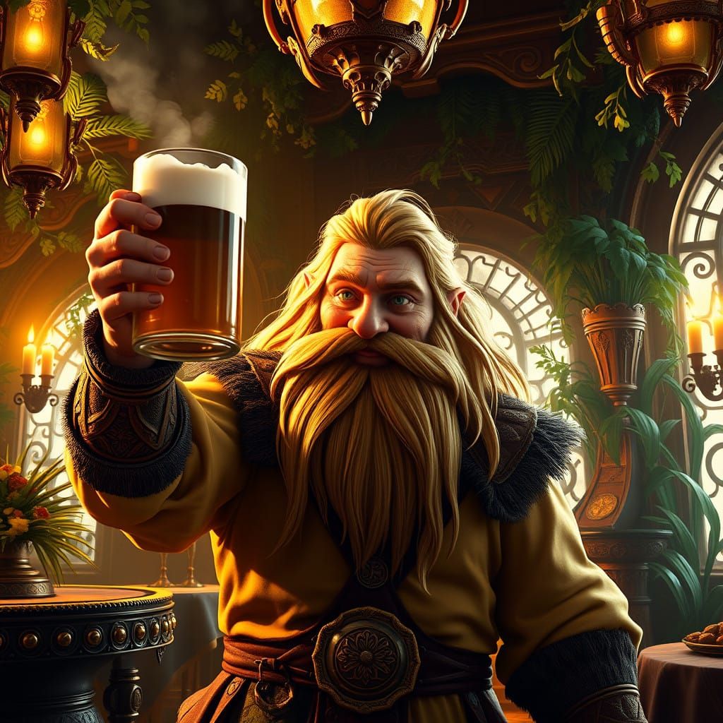 Charismatic Dwarven Entertainer Raises a Toast in a Vibrant,...