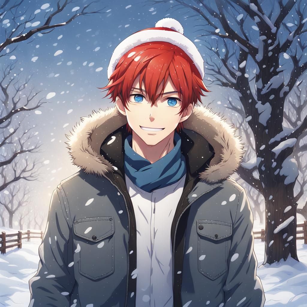 Anime Boy in Snowy Field with Santa Hat