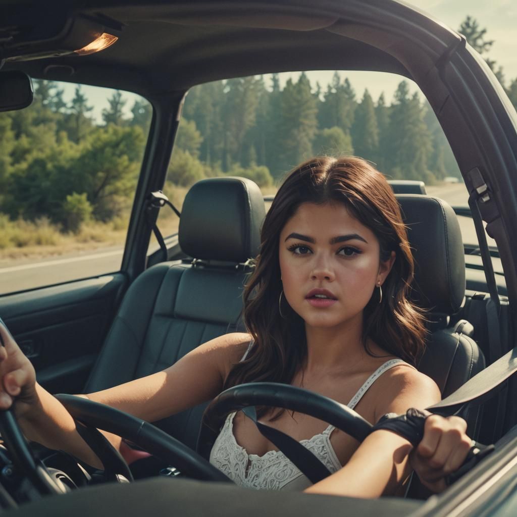 Cinematic Film Still: Woman Driving a Car