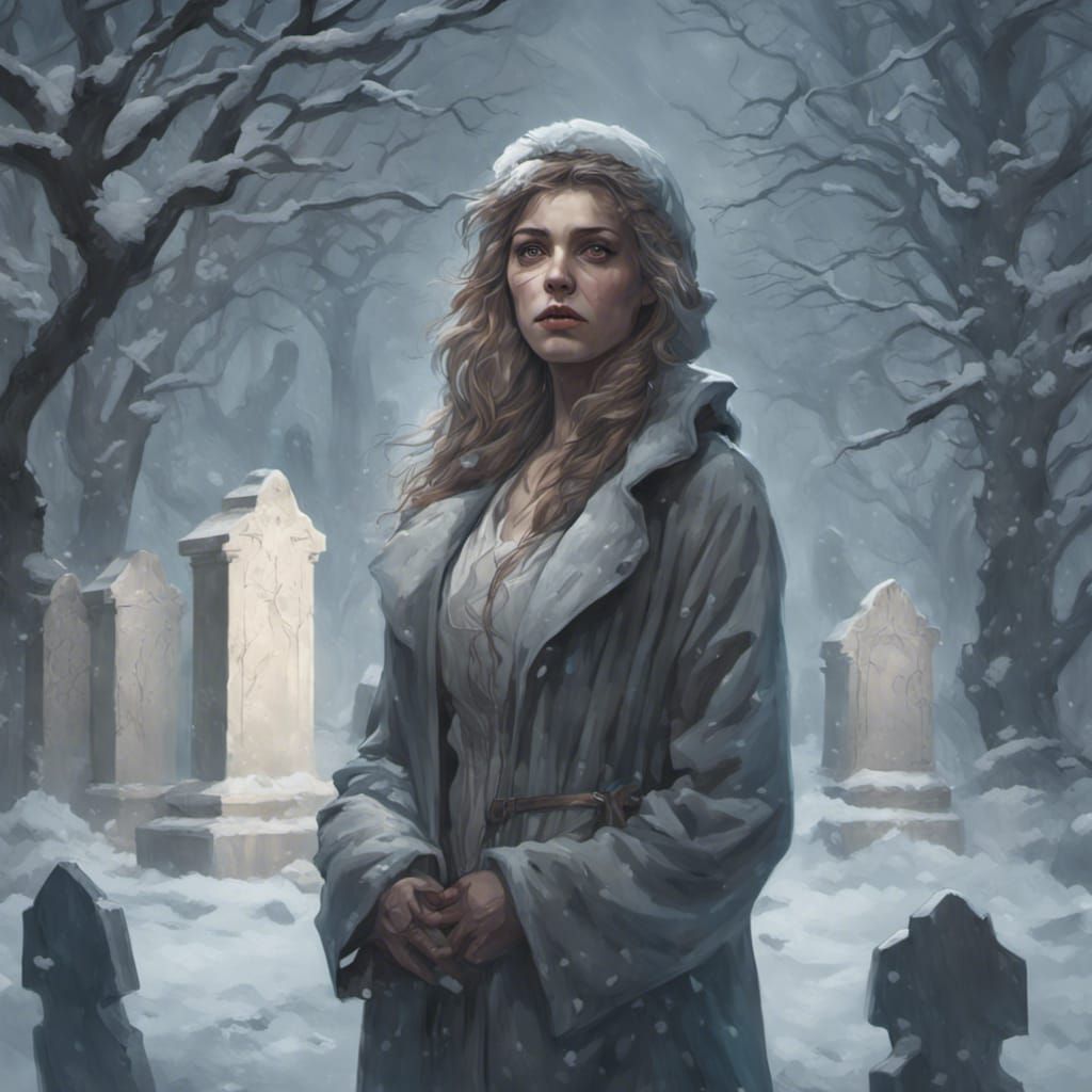 Ethereal Woman in Graveyard with Ghosts, Detailed Portrait