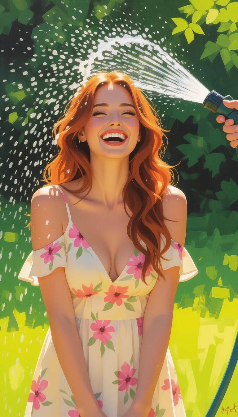 Joyful Woman Sprayed by Water on Sunny Lawn