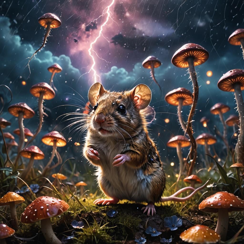 Mouse in Magic Mushroom Galaxy, Dark Fantasy Art