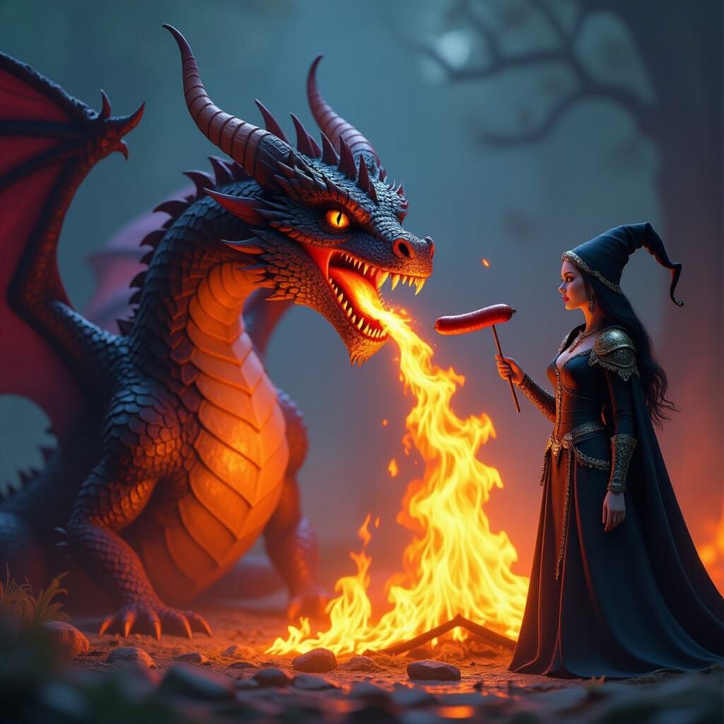 Fiery Snack: Dragon Flames and Elven Mage, Hyperdetailed Art