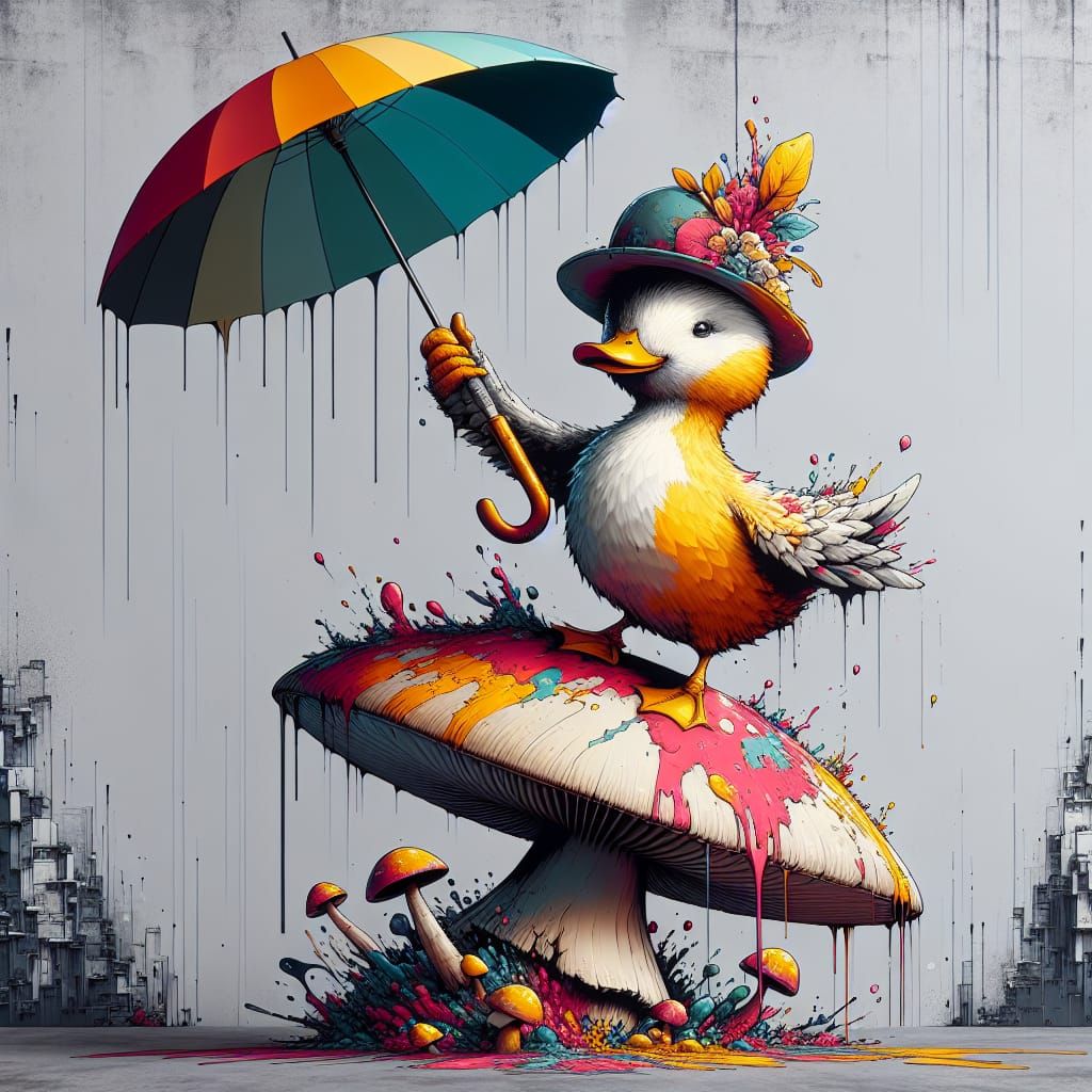 Duck with Umbrella on Mushroom in Street Art Style