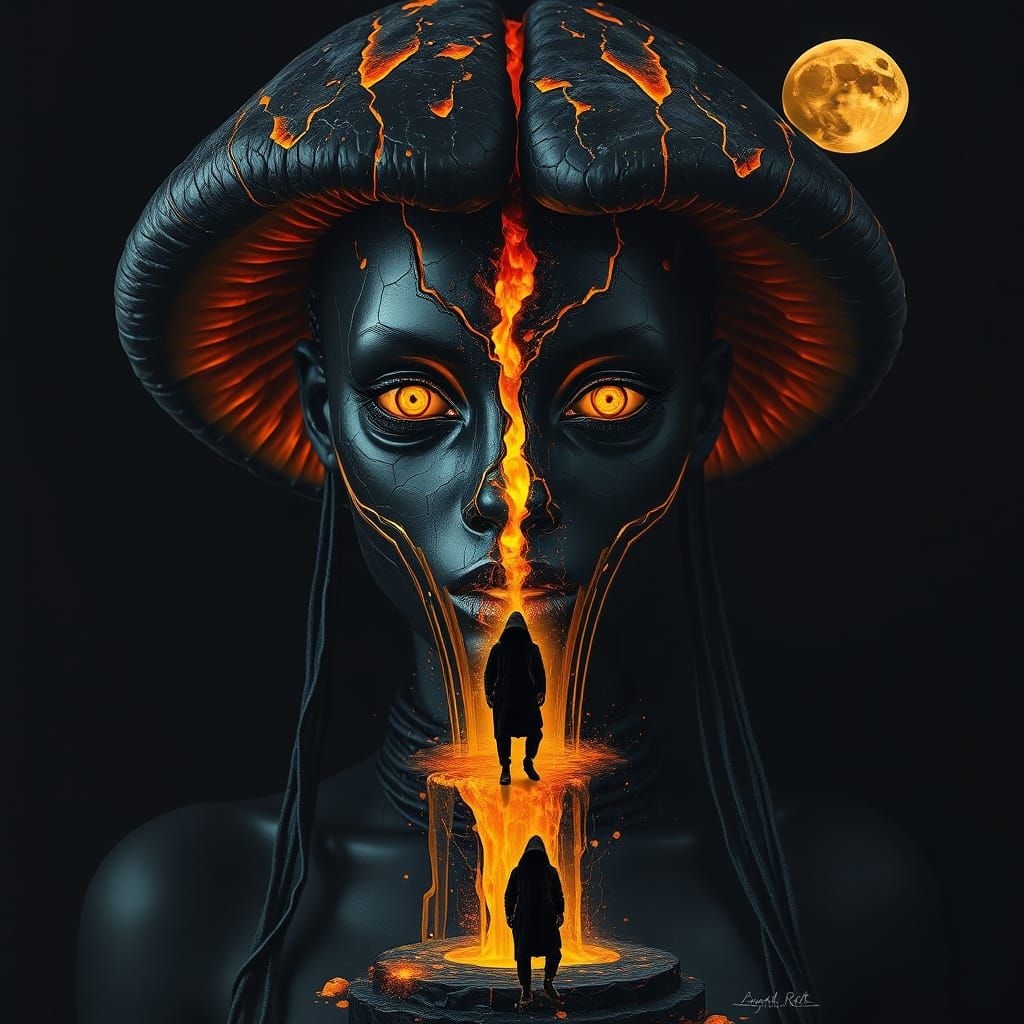 Black Model with Honey and Magma Face, Detailed Digital Art