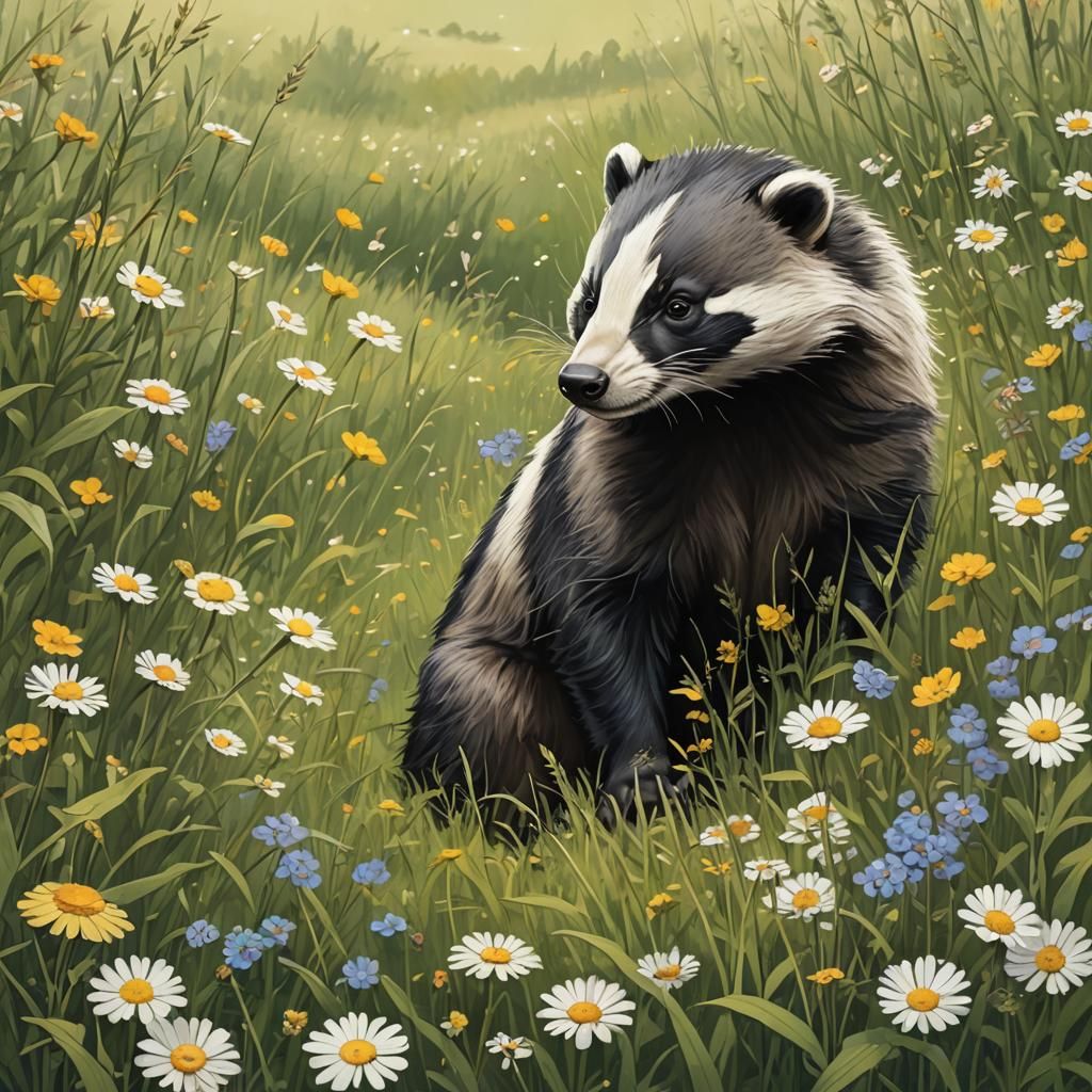 Badger in Meadow: Anime-Inspired Digital Art