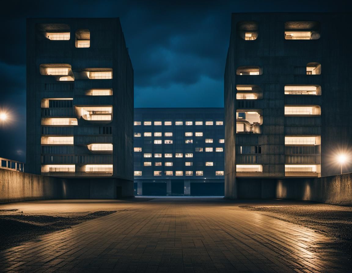 Brutalist Soviet-Era Architecture at Night