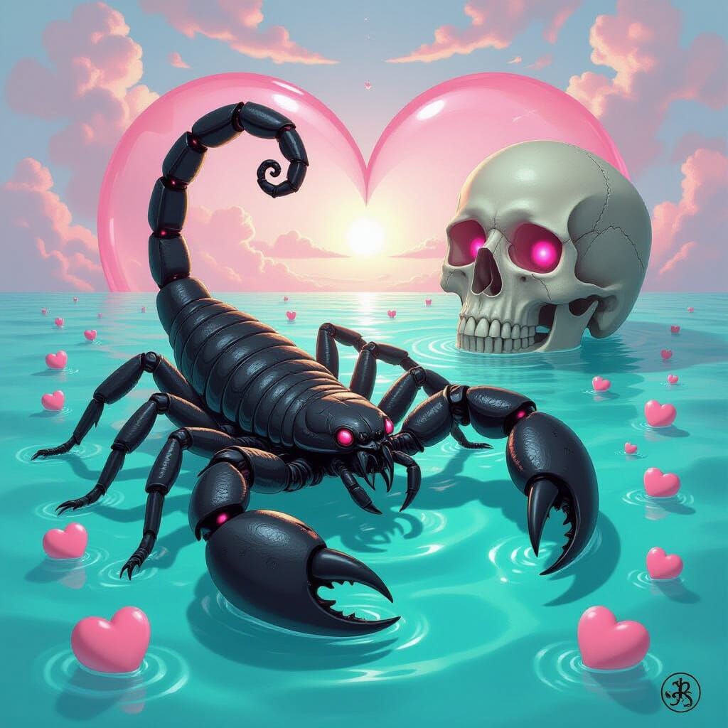 Scorpion and Skull in Heart, Dark Romantic Illustration