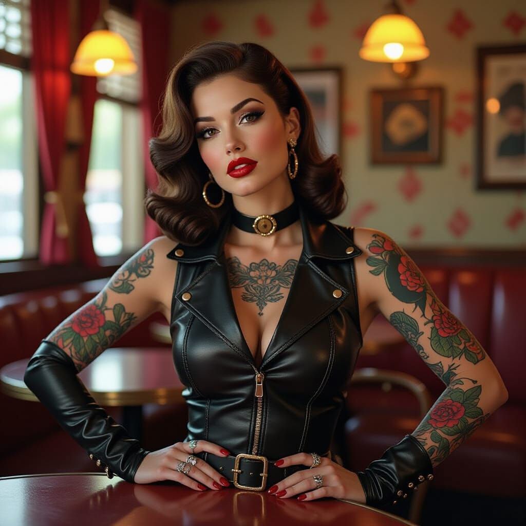 Rockabilly Woman in Cafe, Elegant Comic Art Style