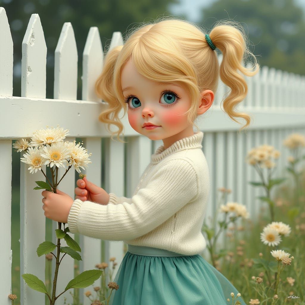 Hyperrealistic Portrait of Blond Girl Picking Flowers