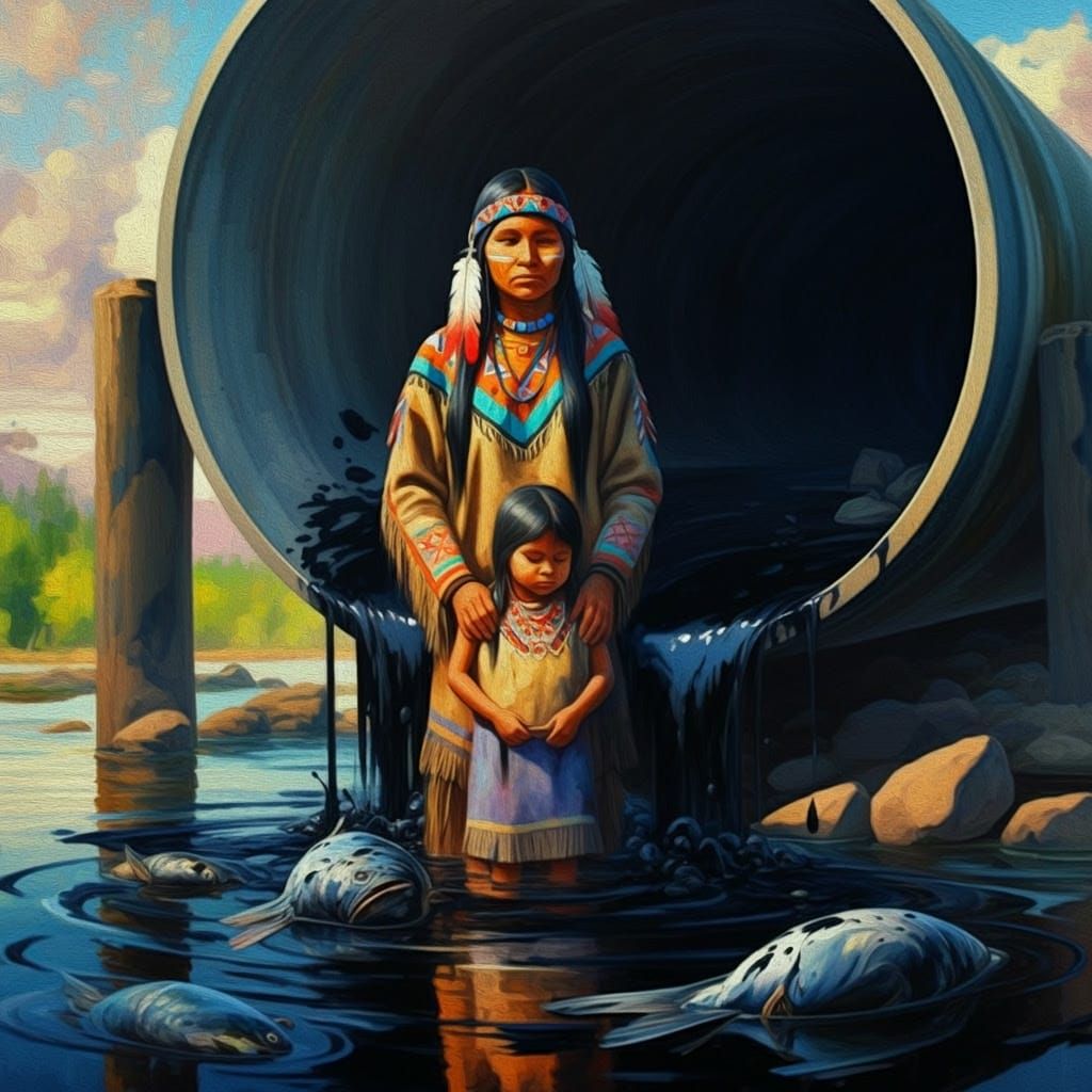 Surrealist Oil Painting of Resilient Native American Woman P...