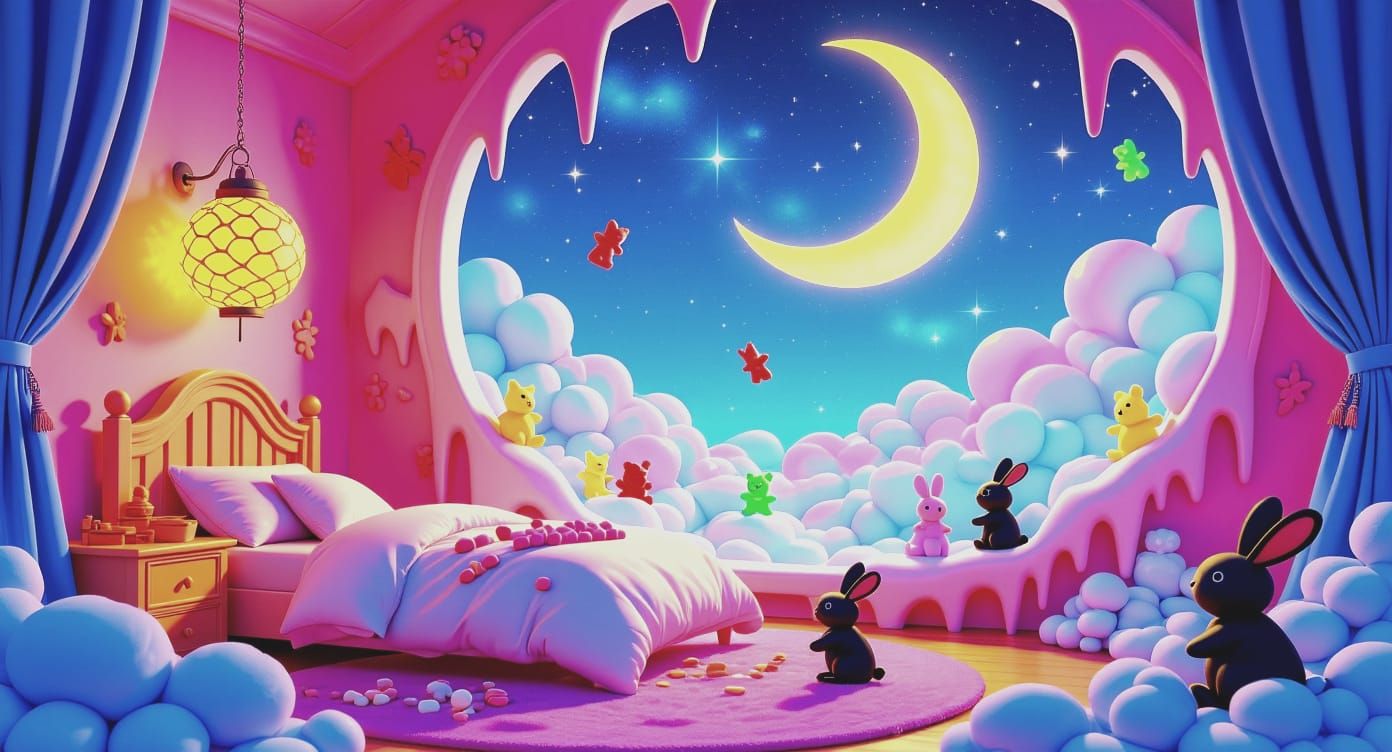 Whimsical Candyland Watercolor of a Surreal Child's Bedroom