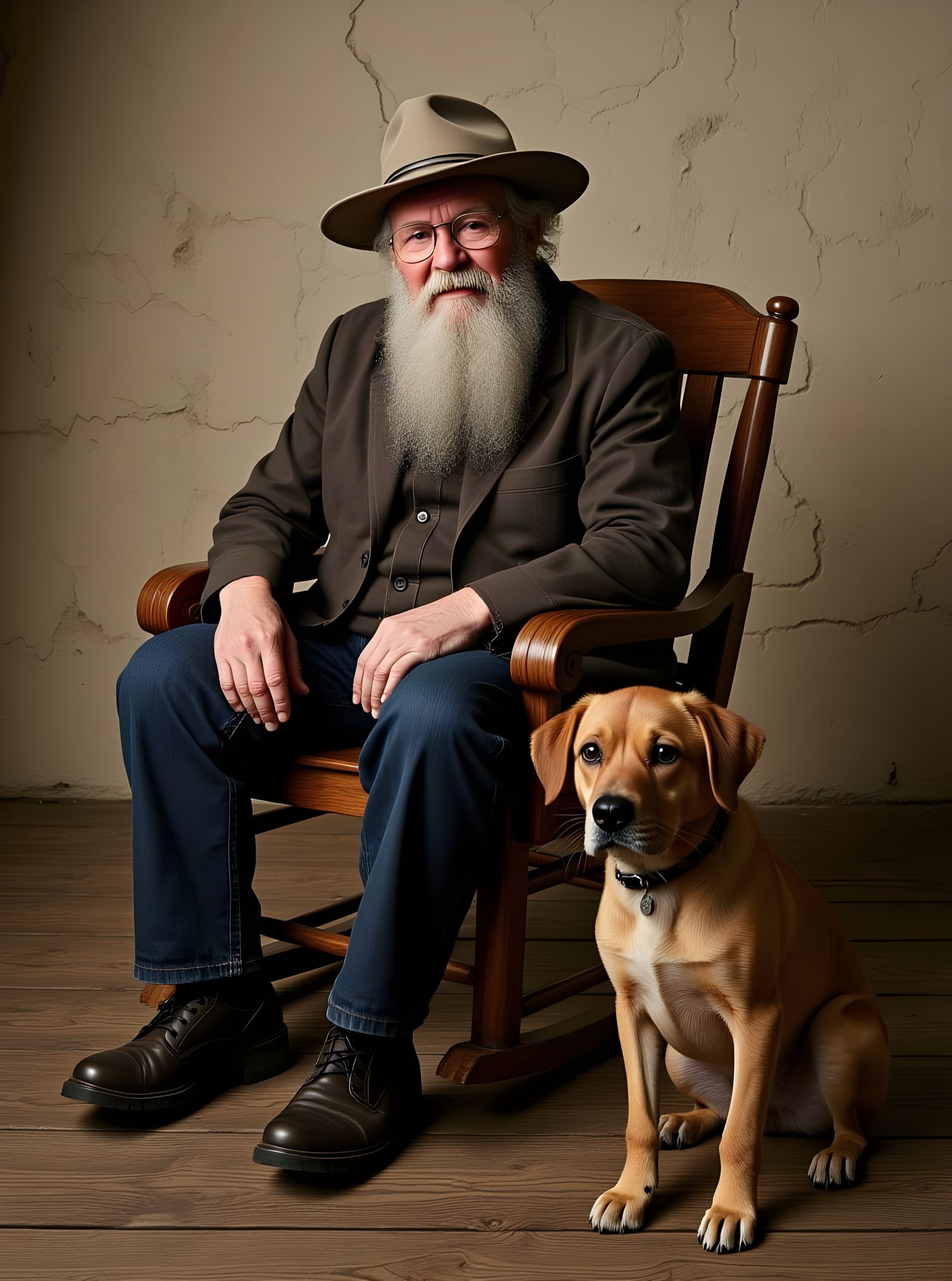 Elderly Hillbilly Poses with Hound Dog on Old Plank Floor