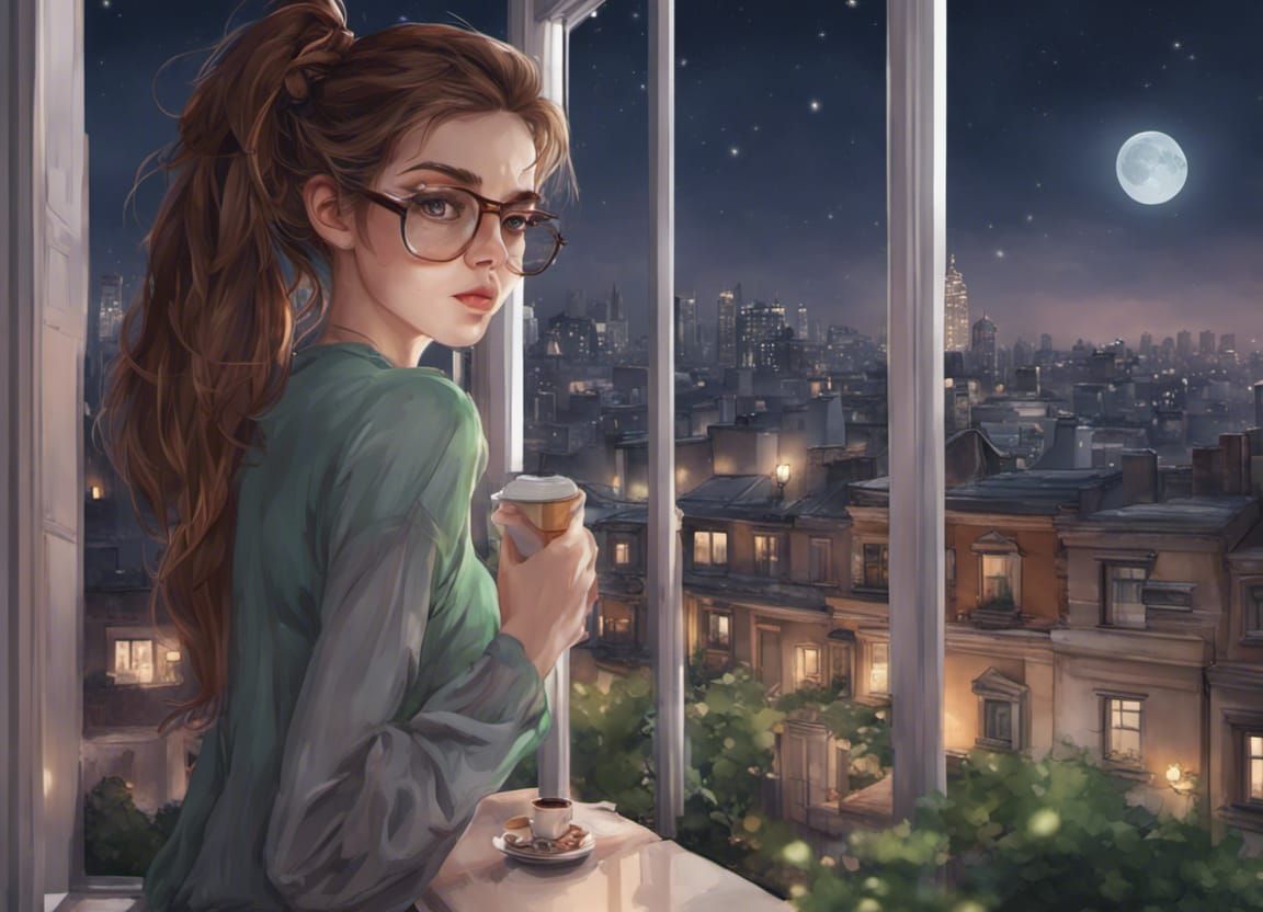 Girl with Ponytail Drinks Coffee at Night