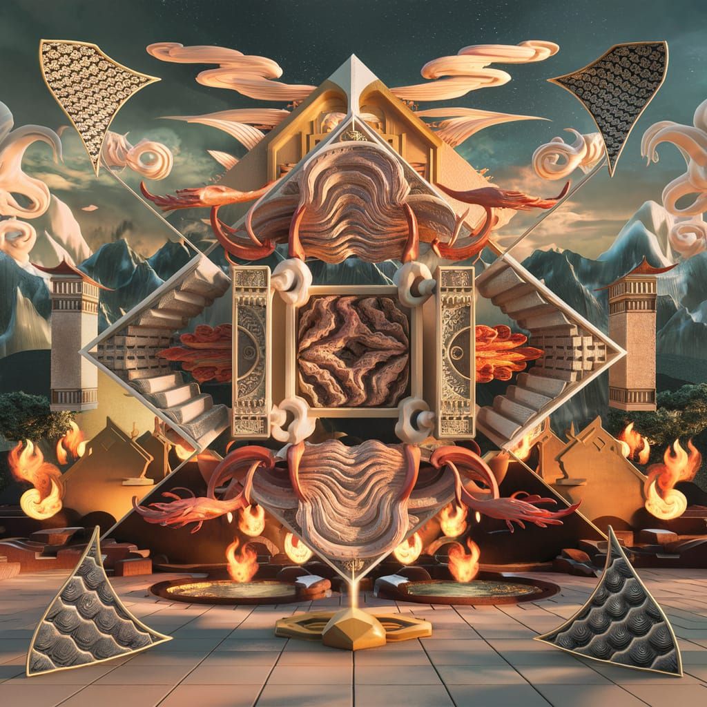 Symmetrical Digital Art: Phoenix, Pagodas, Mountains, and St...