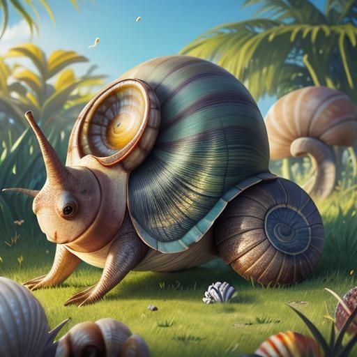 Giant Multi-Colored Snail in Sunny Field, Detailed Art
