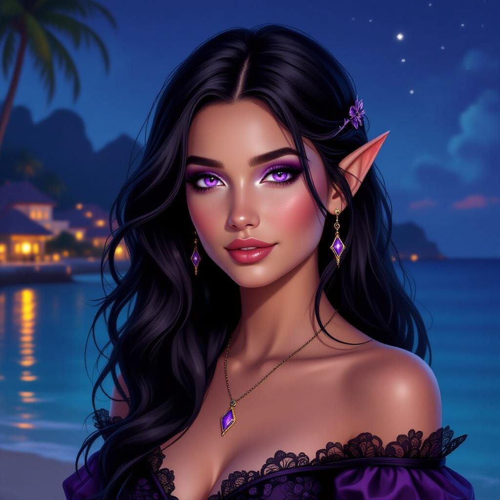 Portrait of a Beautiful Elven Woman at Night