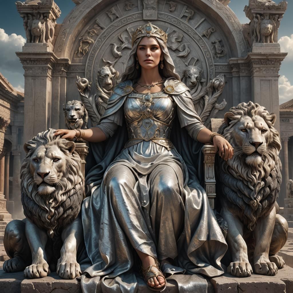 Veiled Roman Goddess on Throne Between Lions