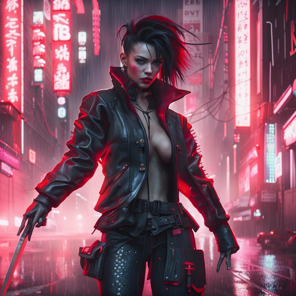 Cyberpunk Street Samurai Reiko in Rain-Soaked Alley