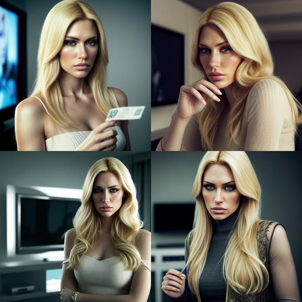 Hyperrealistic Portrait of a Blond Woman Watching TV