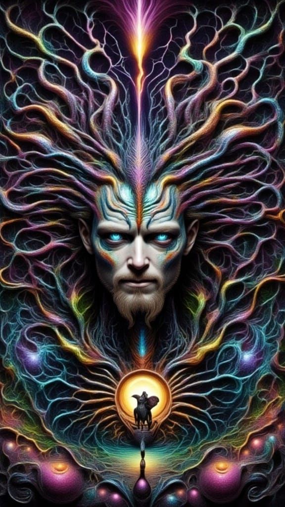 Fractal Faced Man with Bat Wings in Dark Fantasy Style