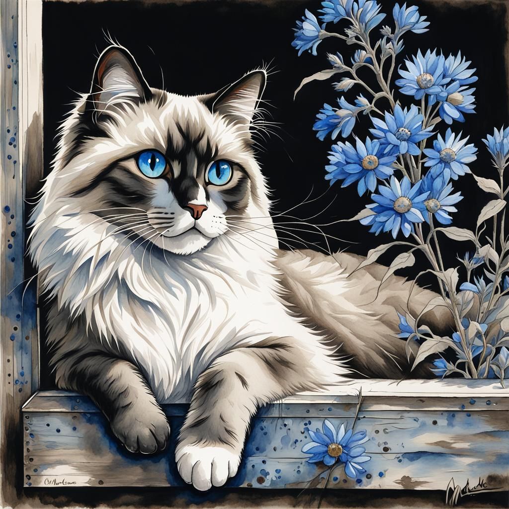 Ragdoll Cat in Wildflowers, Watercolor Painting