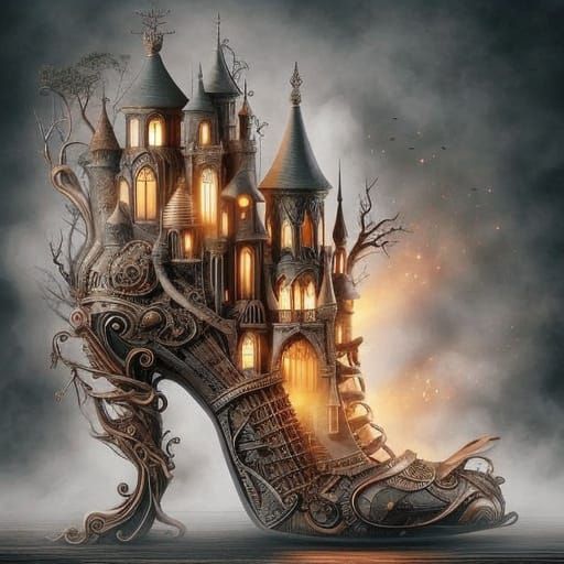 Steampunk Shoe Transformed into Whimsical Medieval Castle
