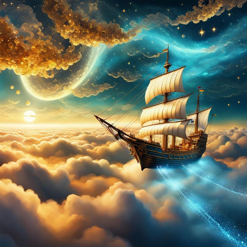 Crystal Dreamscape: Whimsical Flying Ship in a Golden Sea