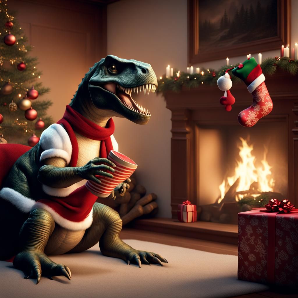 T-Rex holding his Christmas stocking by the fireplace