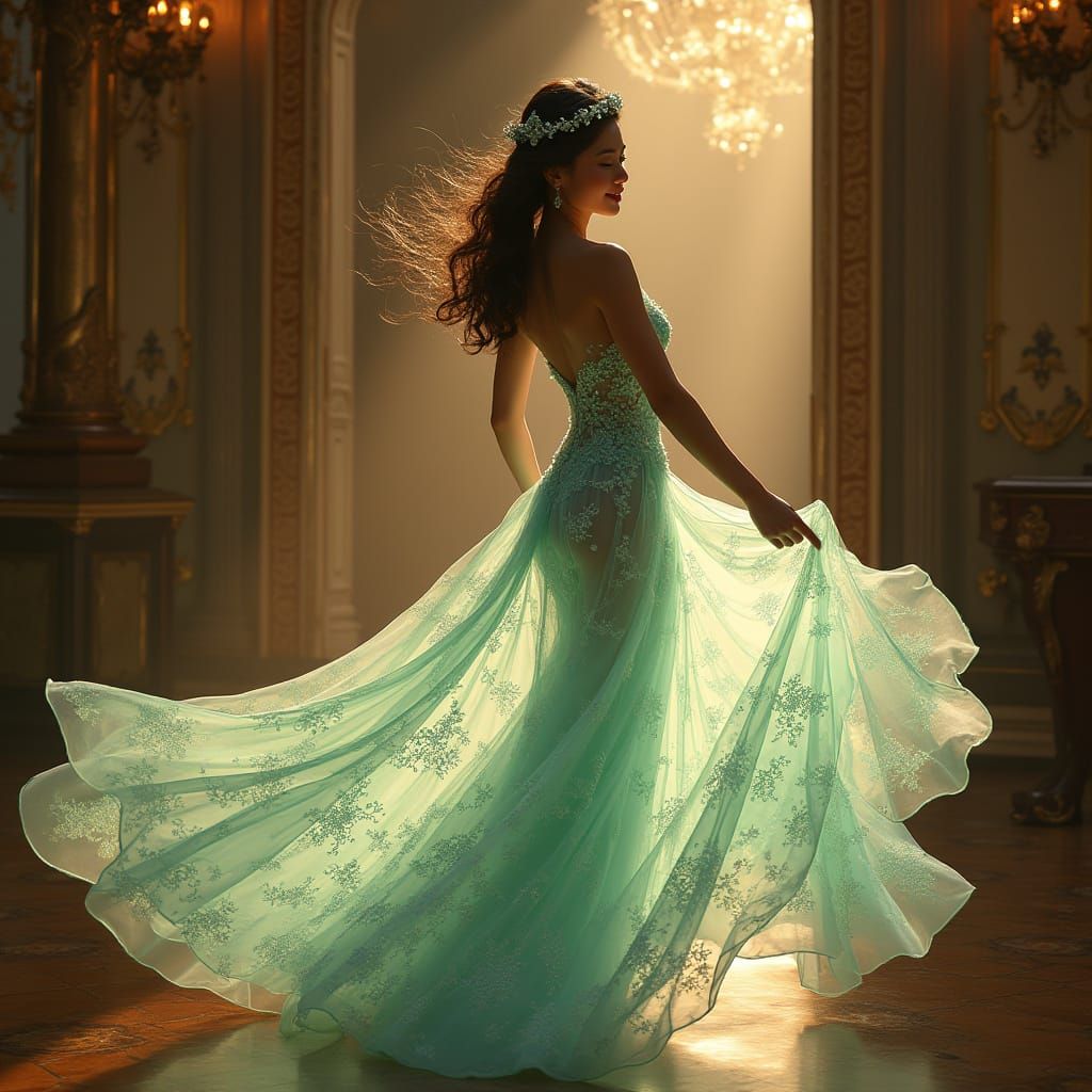 Bioluminescent Gown: Vietnamese Woman in Art Nouveau Style