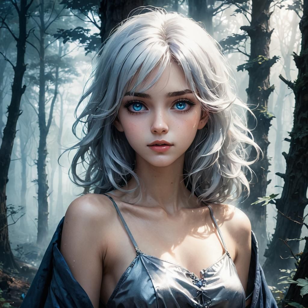 Anime Portrait of Silver Haired Maiden in Enchanting Misty F...