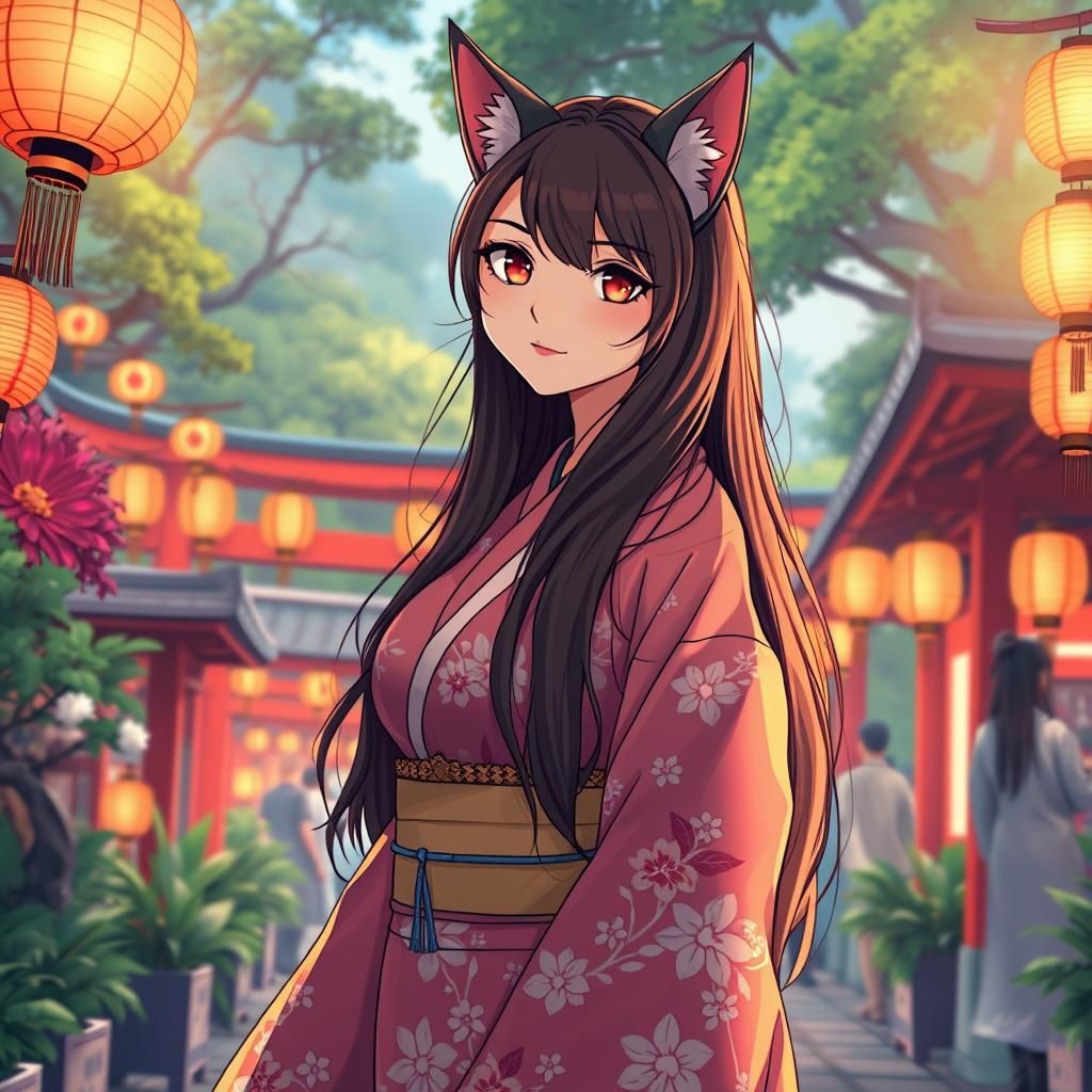 Anime Cat-Woman at Japanese Festival in Manga Style