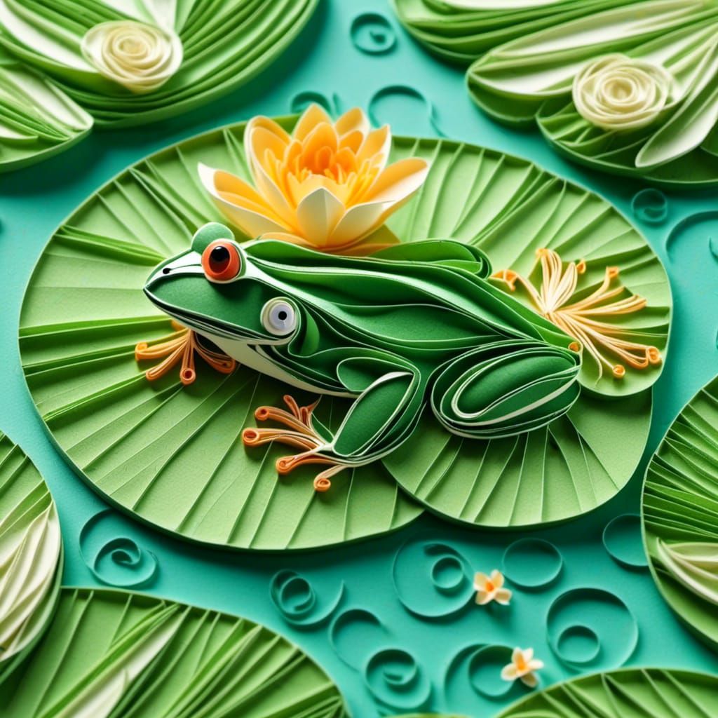 Frog on Lily Pad in Quilling Style