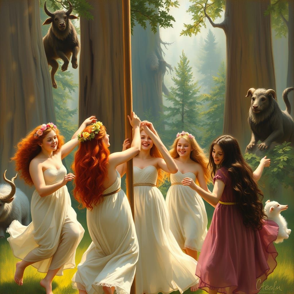 Whimsical Maypole Dance with Satyrs and Nymphs in Golden Lig...