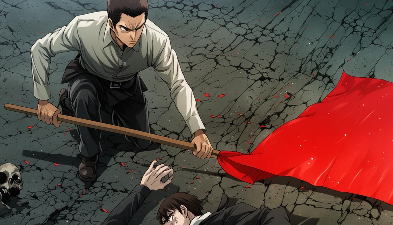 Stern Man Raising Red Flag in Anime Style