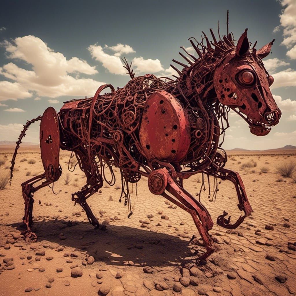 Apocalyptic Desert: Red Metal Horse Sculpture