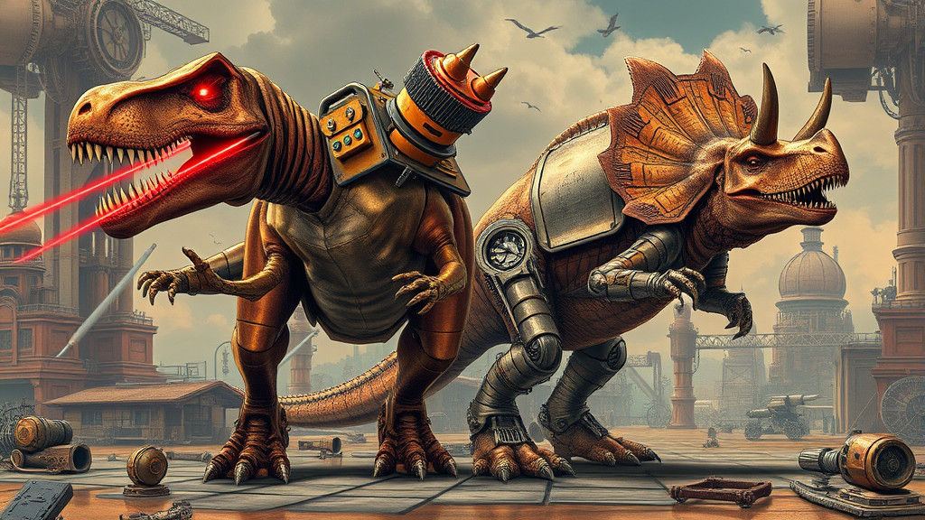 Retro-Futuristic Dinosaurs in Steampunk Landscape