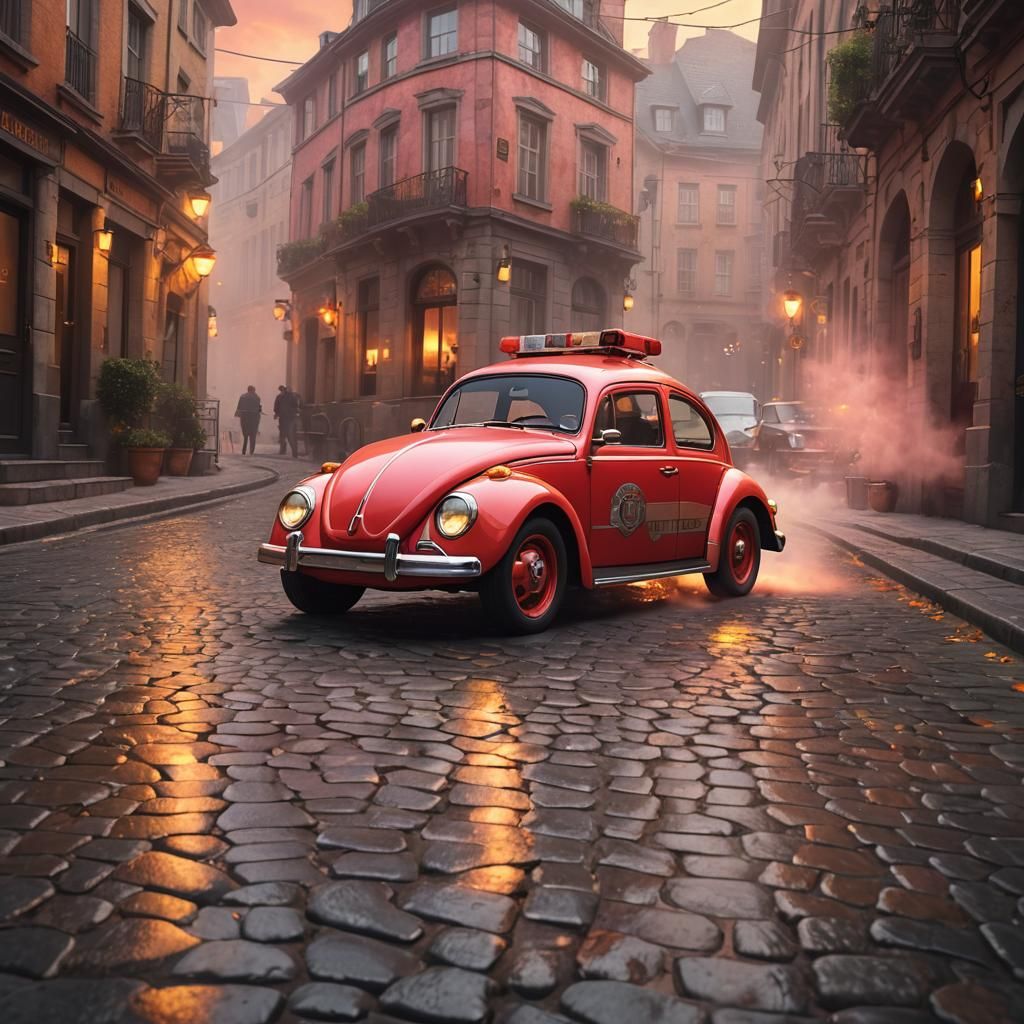 VW Beetle Fire Truck Speeds Down Cobblestone Street in Vibra...
